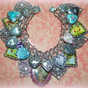 Vintage Sterling Silver Puffy Heart Bracelet-26 Charms-Guilloche-Painted Hearts
